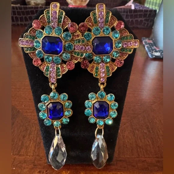 Colorful Crystal, Rhinestone Drop Medallion Dangle Vintage Look Party Earrings - Picture 3 of 10